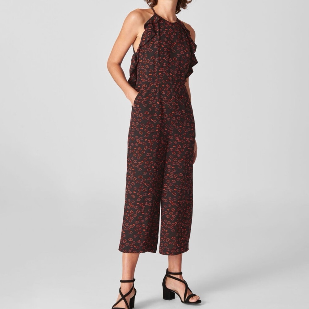 Whistles Black Sonia Red Lips Print Ruffled Jumpsuit Sheer Back Size 6